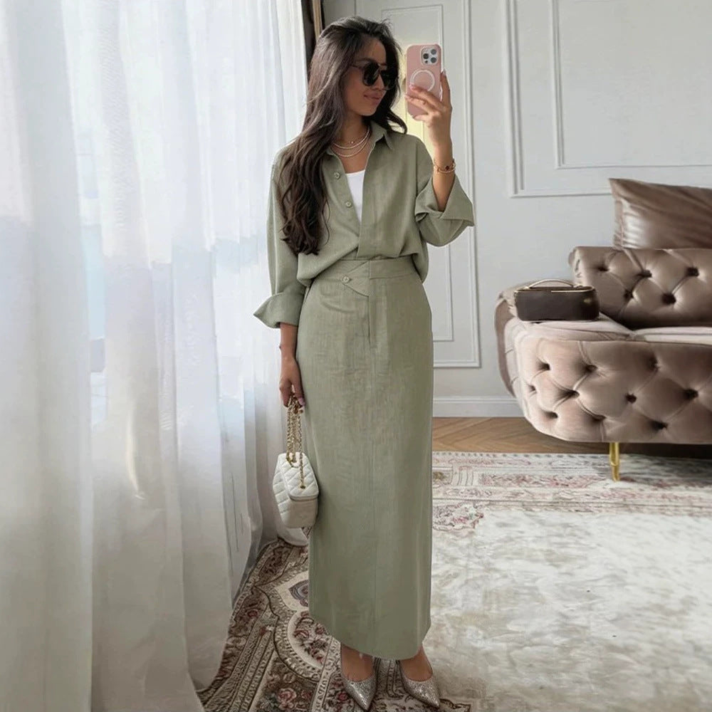 Women's Two-Piece Linen Set with Oversized Shirt and Fitted Maxi Skirt Mune Fashion