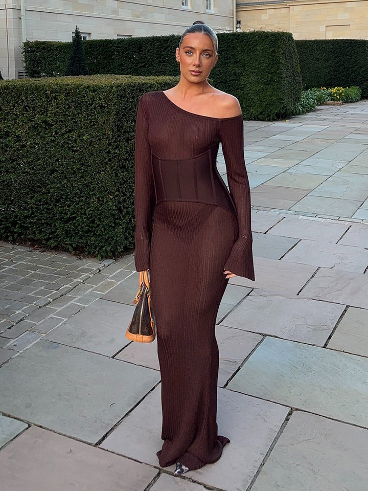 Women's One-Shoulder Maxi Dress with Shaping Corset Waist and Ribbed Knit Mune Fashion