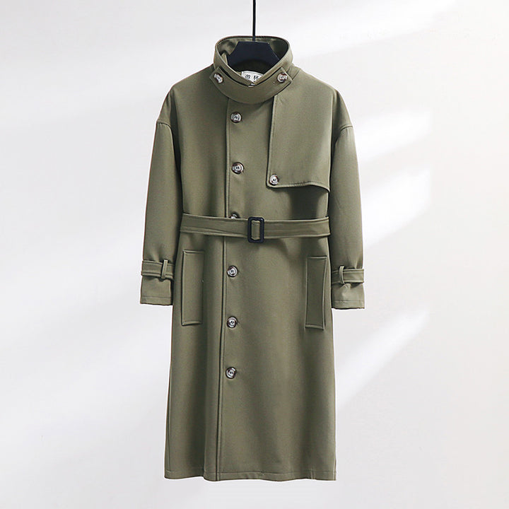 Men's trench coat in modern wool blend with belt, shawl collar, and patch pockets Mune Fashion