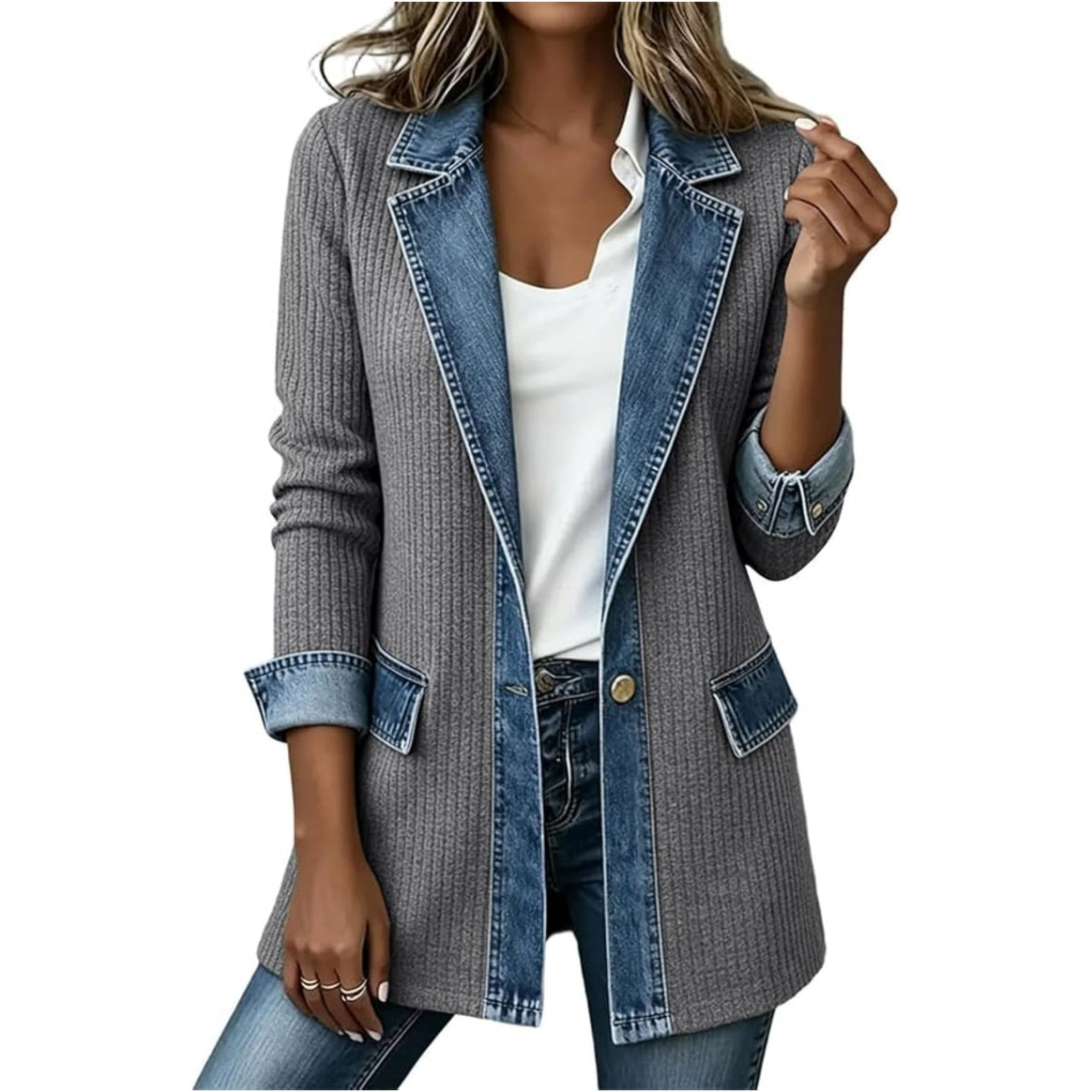 Ladies' knit blazer with denim trim and lapel collar Mune Fashion