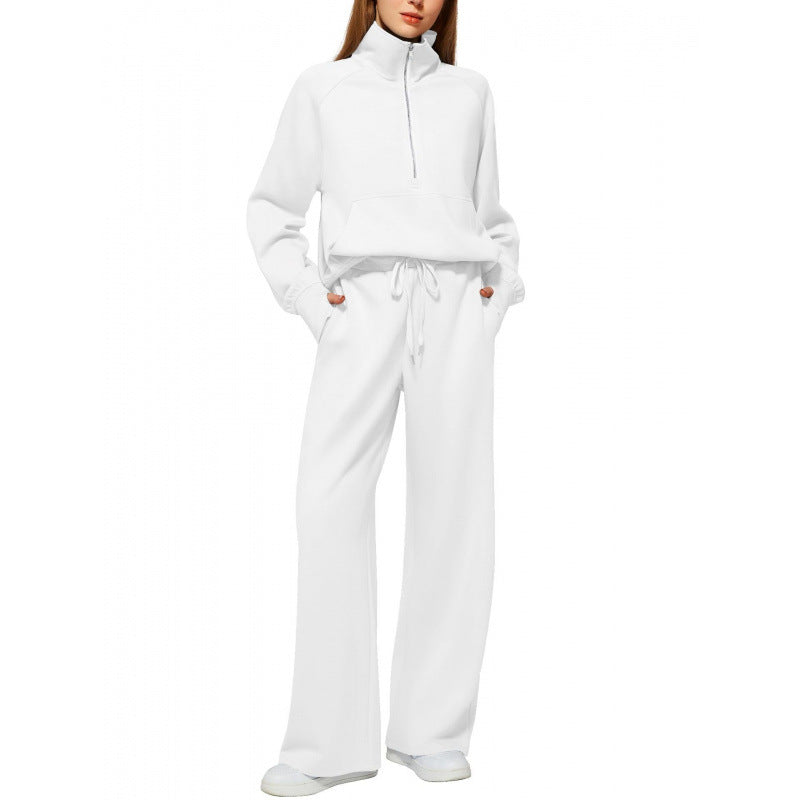 Women's Two-Piece Lounge Set with Half Zip, Stand Collar and Wide Palazzo Pants Mune Fashion