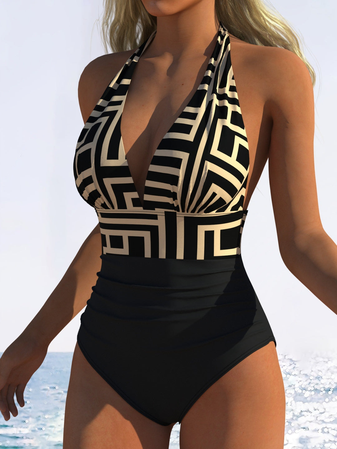 Women's one-piece swimsuit with floral V-neckline and high waistband Mune Fashion