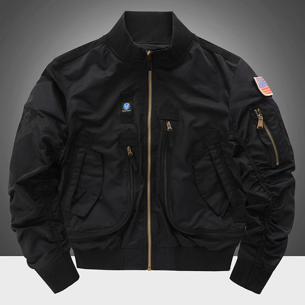 Men's  pilot-style cropped utility flight bomber with multi-zip pockets and ribbed collar Mune Fashion