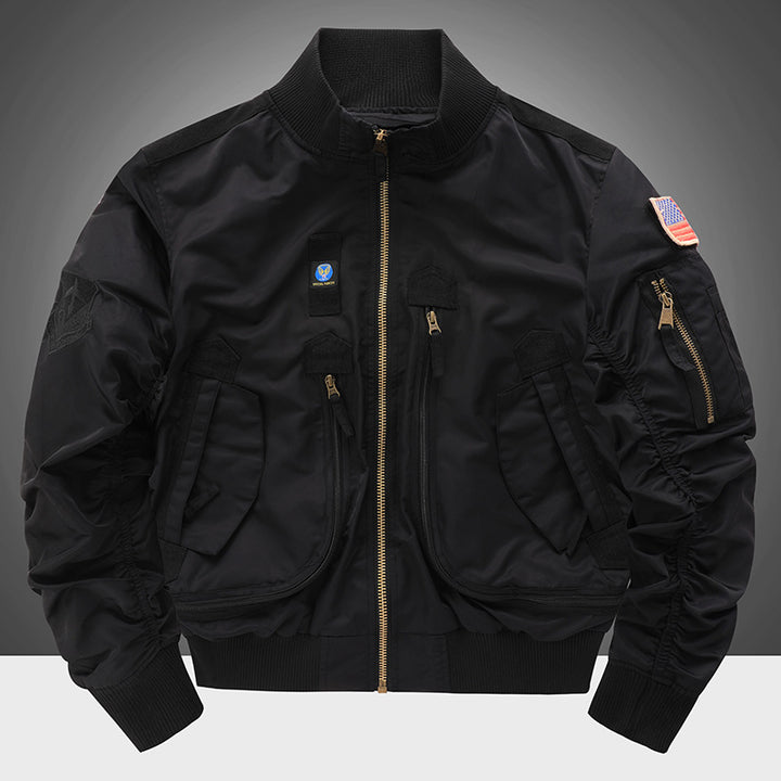 Men's  pilot-style cropped utility flight bomber with multi-zip pockets and ribbed collar Mune Fashion