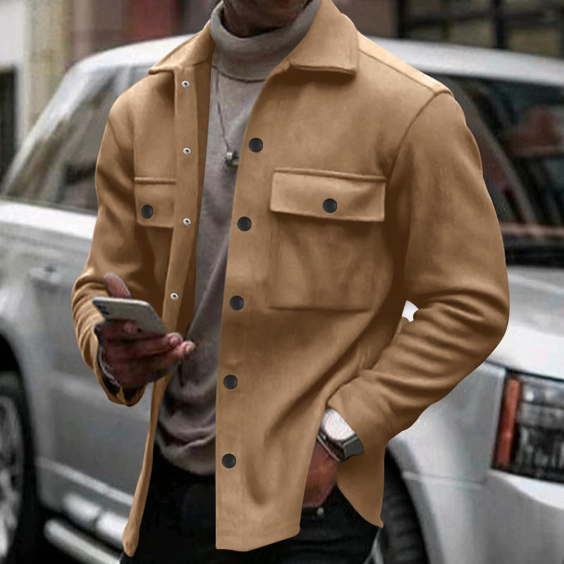 Men's wool blend overshirt jacket with flap pockets, concealed button placket, and shirt collar Mune Fashion