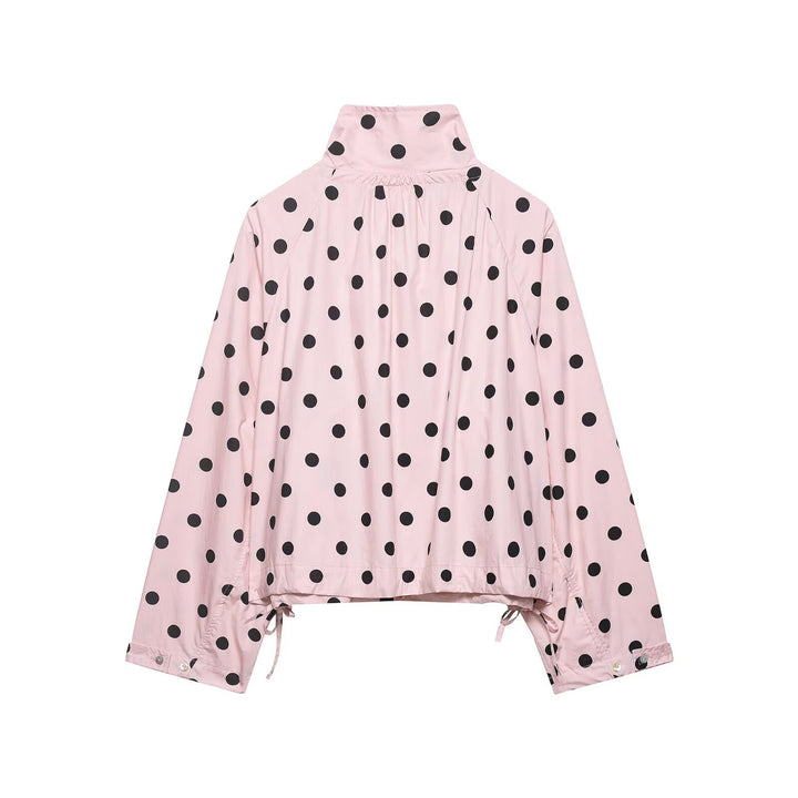 Women Lightweight Oversized Polka Dot Windbreaker with Stand-up Collar, Button Placket and Drawstring Mune Fashion