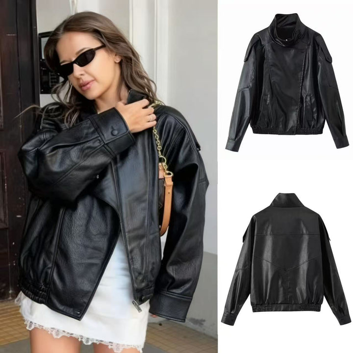 Unisex nan wide Biker style faux leather jacket with stand-up collar and elastic hem Mune Fashion
