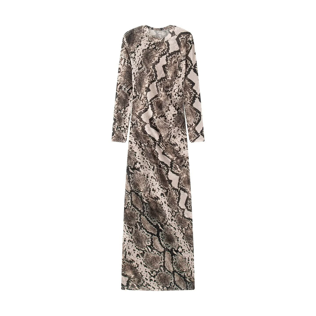 Women Long Bodycon Maxi Dress with Round Neck and Snake Print Mune Fashion
