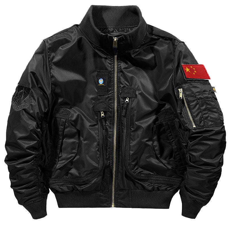 Men's urban bomber jacket in pilot style with multiple zipper and Velcro pockets.