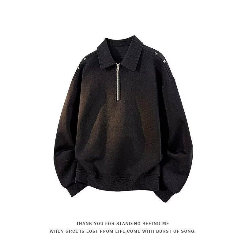 Men's Oversized Sweatshirt with Zip Collar and Snap Button Shoulder Detail Mune Fashion