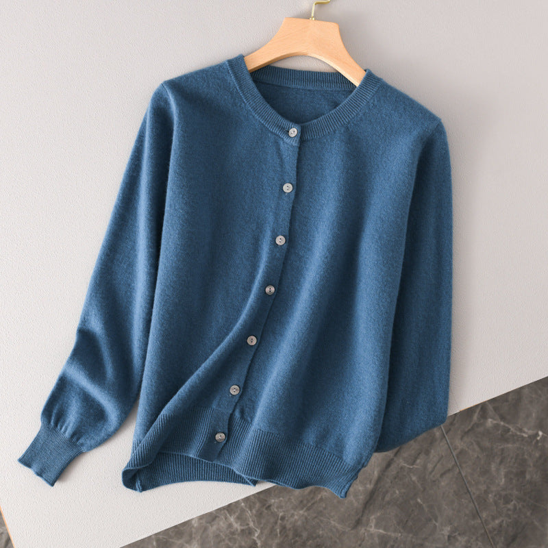 Women Lightweight Round Neck Button Cardigan in Cashmere Look with Fine Ribbed Edge and Casual Silhouette Mune Fashion