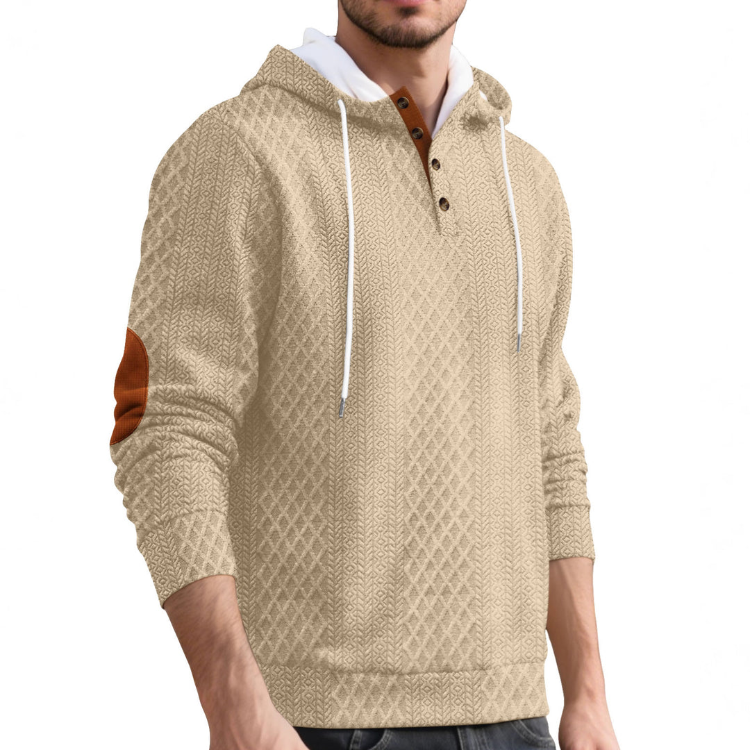 Men's nan diamond structure hoodie with short button placket, quilted hood inner edge, and suede elbow patch Mune Fashion
