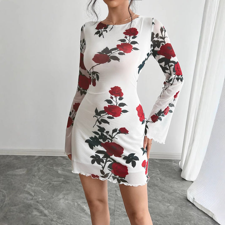 Women's figure-hugging mini dress with rose pattern and trumpet sleeves Mune Fashion