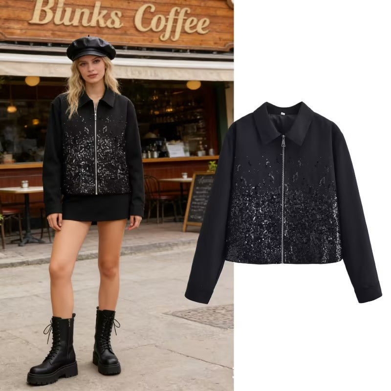 Women's short jacket with full-length zipper and gradient sequin trim Mune Fashion