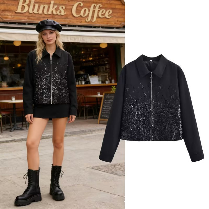 Women's short jacket with full-length zipper and gradient sequin trim Mune Fashion