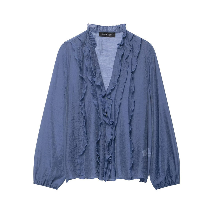 Women's Light Chiffon Blouse with Ruffle Button Placket and Balloon Sleeves Mune Fashion