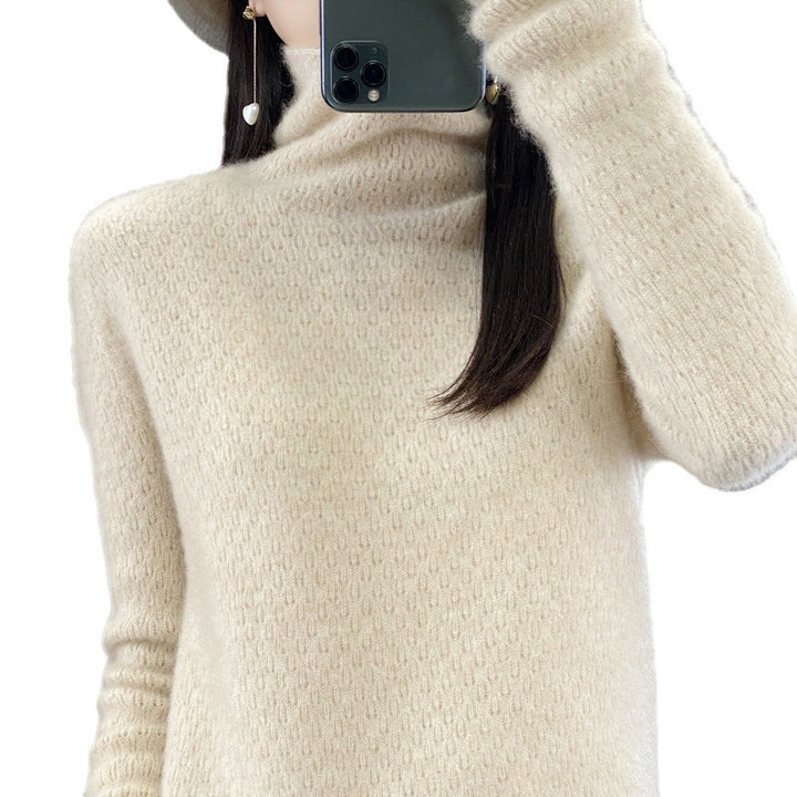 Women's soft fine-knit mock neck sweater with fluffy mohair look, delicate honeycomb structure and casual oversized fit Mune Fashion