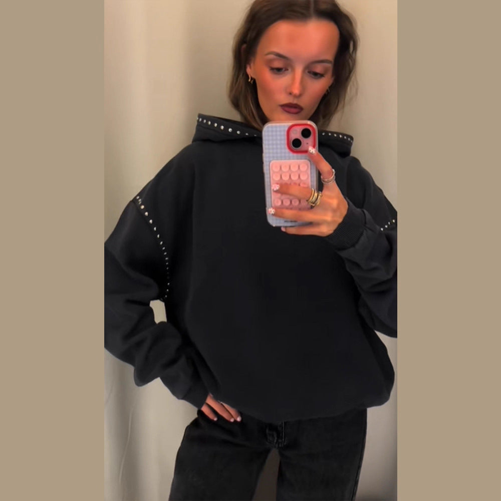 Women's Oversized Hooded Sweater with Studded Trim and Balloon Sleeves Mune Fashion