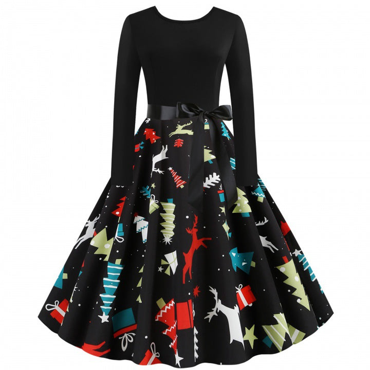 Women Tailored Retro Dress with Voluminous Flared Skirt and Christmas Print Mune Fashion