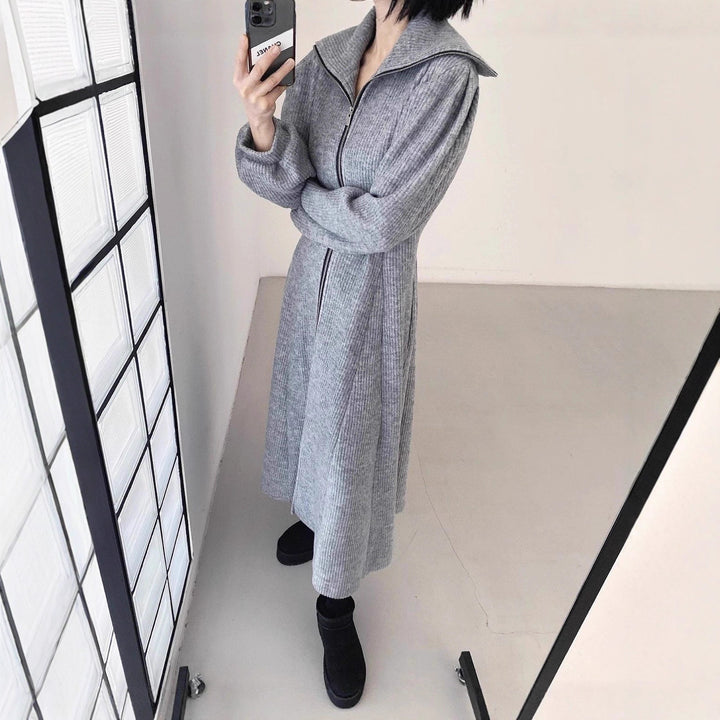 Women's Ribbed Knit Midi Dress with Zip Collar and Flared Skirt Mune Fashion