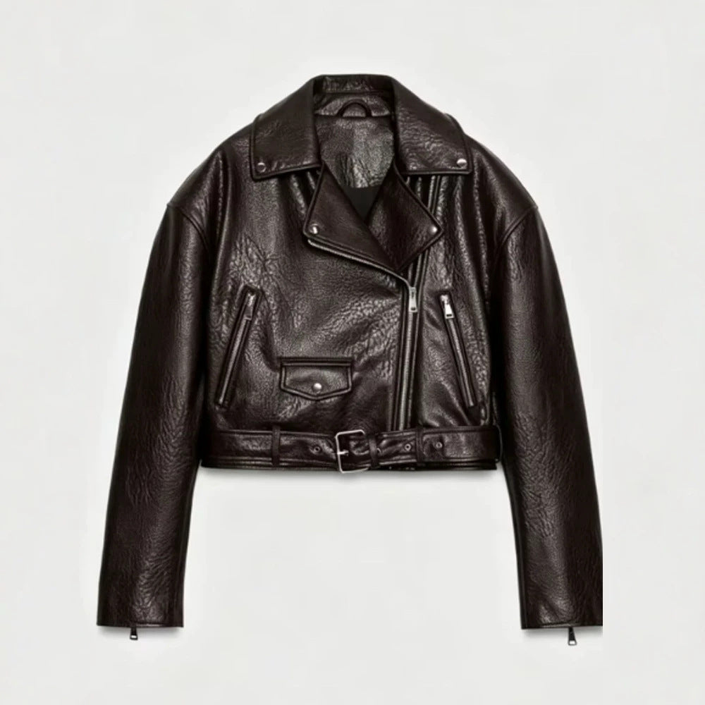 Women's short-cut biker jacket made of faux leather with a waist belt and asymmetrical zipper Mune Fashion