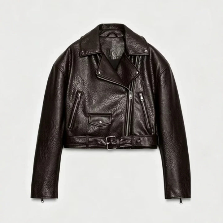 Women's short-cut biker jacket made of faux leather with a waist belt and asymmetrical zipper Mune Fashion