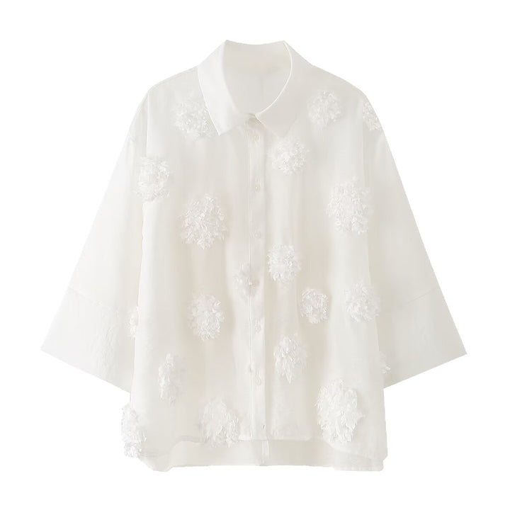 Women Transparent Oversize Blouse with 3D Flower Applications and Shirt Collar Mune Fashion