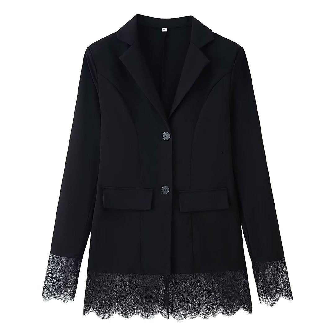 Women Tailored Single-Breasted Blazer with Lace Hem and Lace Cuffs Mune Fashion