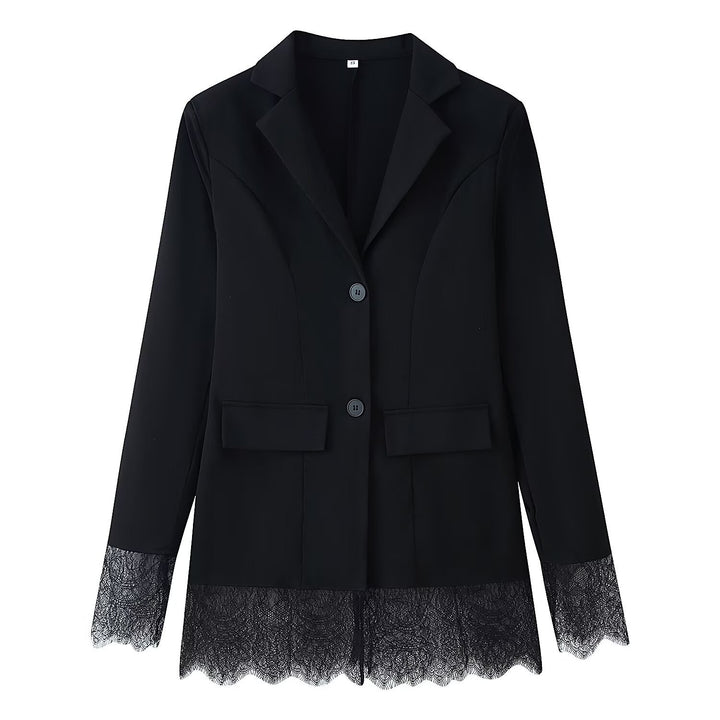 Women Tailored Single-Breasted Blazer with Lace Hem and Lace Cuffs Mune Fashion