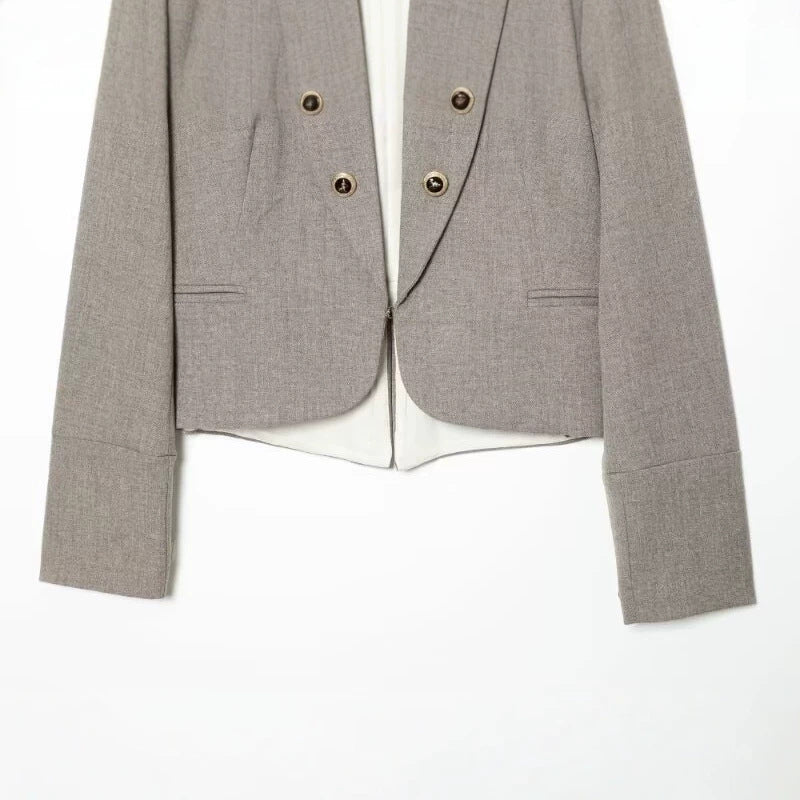 Ladies short blazer in military style with stand collar and decorative button rows Mune Fashion
