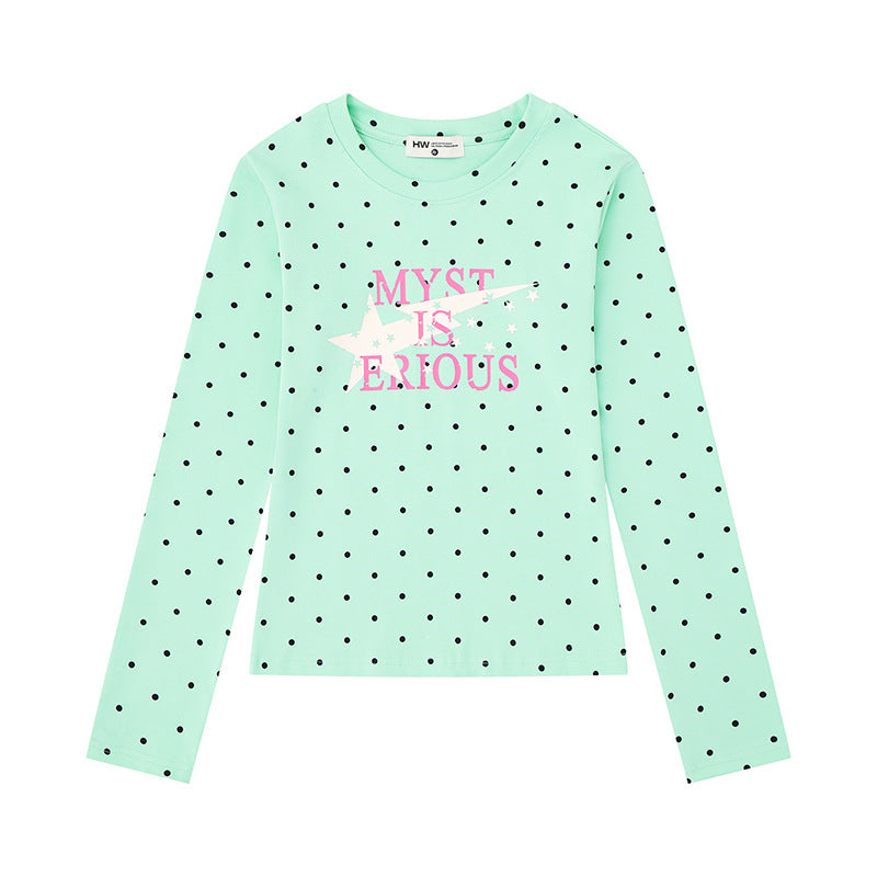 Women's long sleeve shirt with V-neck, polka dots and statement print made of cotton jersey Mune Fashion