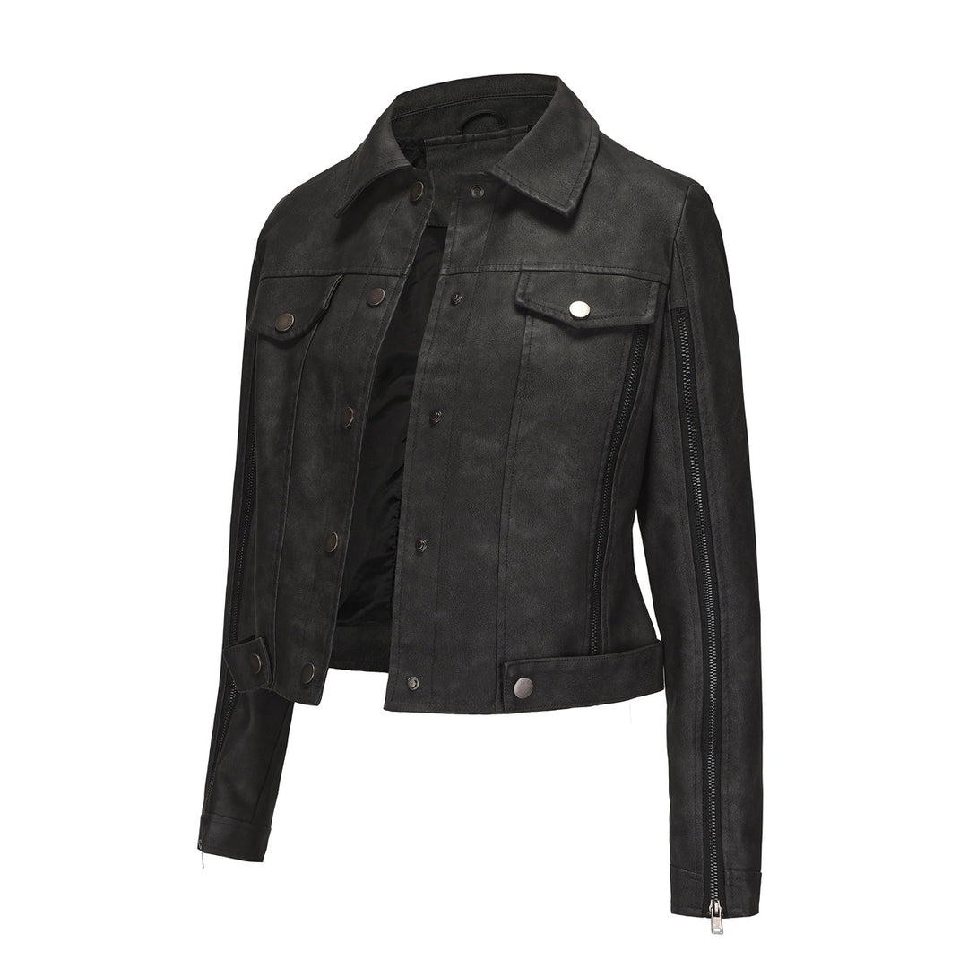 Ladies short cropped trucker jacket made of suede look with side zippers and patch chest pockets Mune Fashion