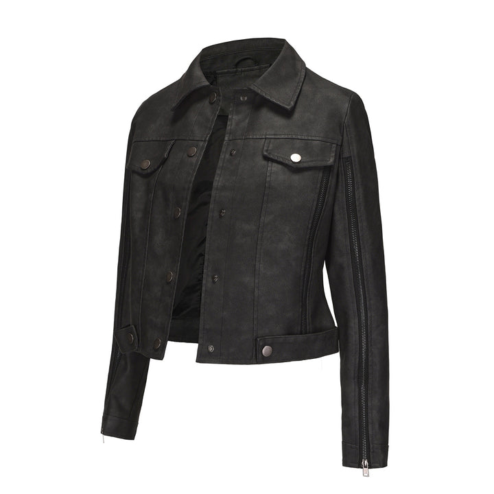Ladies short cropped trucker jacket made of suede look with side zippers and patch chest pockets Mune Fashion