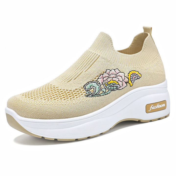 Women's elastic knitted slip-on with embroidered floral motif and supportive wedge outsole Mune Fashion
