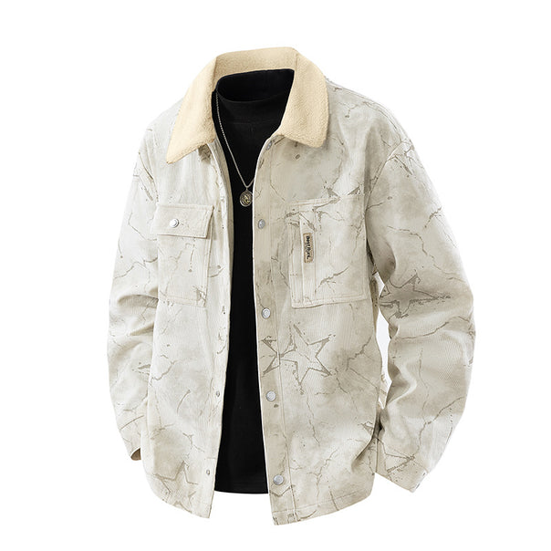 Men's  marbled corduroy sherpa-collar overshirt jacket with flap chest pockets Mune Fashion