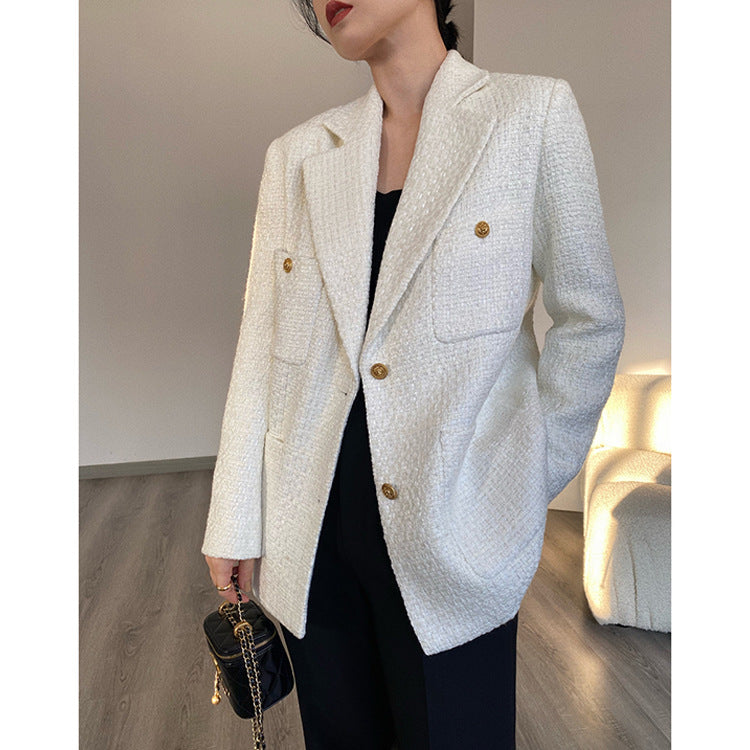 Women Elegant Tweed Blazer with Golden Buttons Mune Fashion