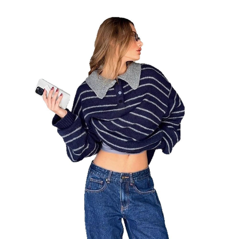 Women's Oversized Knit Sweater with Polo Collar & Stripe Pattern Mune Fashion