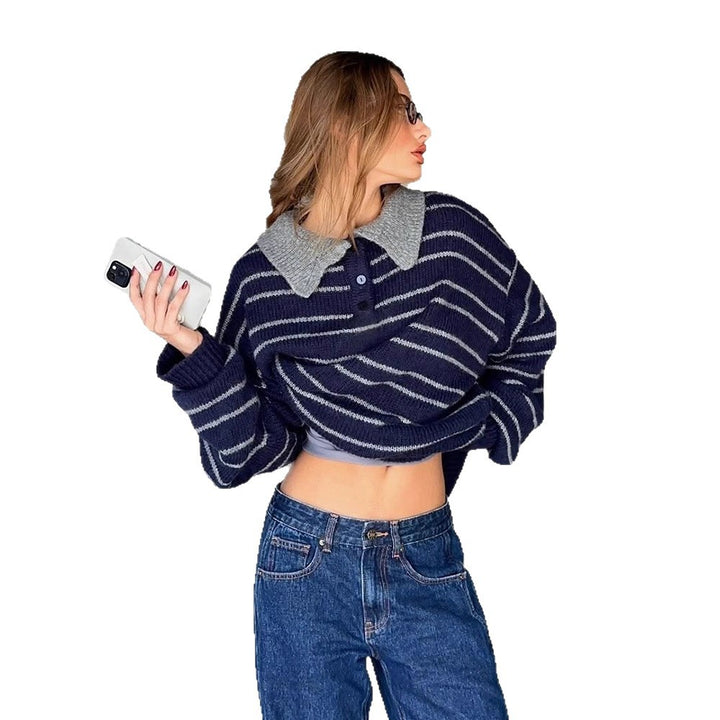 Women's Oversized Knit Sweater with Polo Collar & Stripe Pattern Mune Fashion