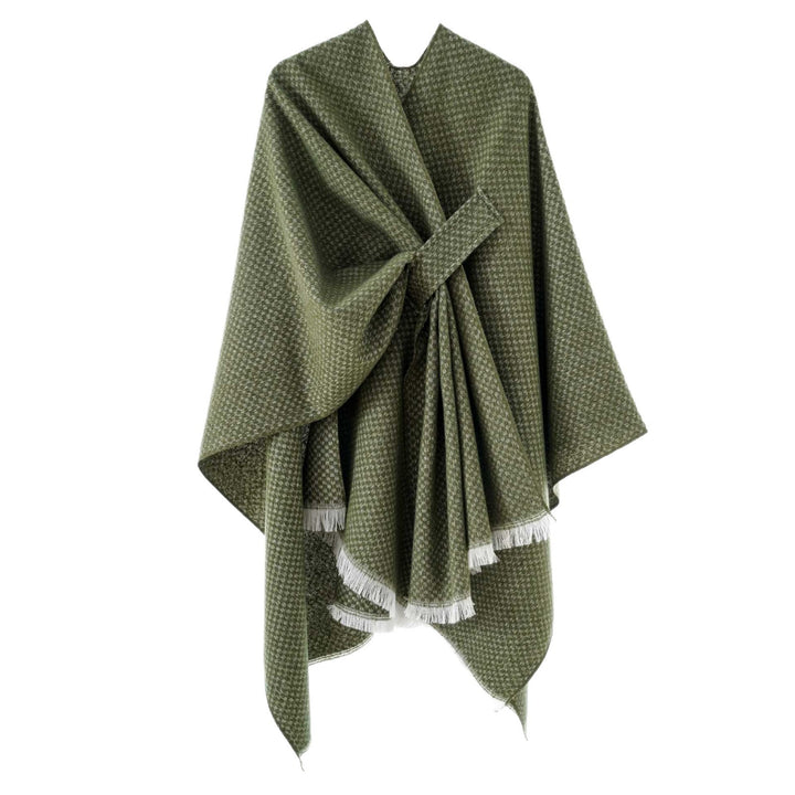 Women's Reversible Wool Mix Poncho with Houndstooth Jacquard and Ties Belt Mune Fashion