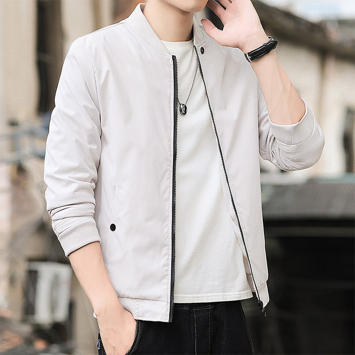 Men's Minimalist Bomber Jacket with Short Stand-Up Collar, Concealed Zipper and Ribbed Cuffs Mune Fashion