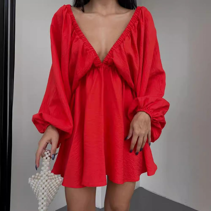 Women Loose Mini Dress with Deep V-Neck and Balloon Sleeves Mune Fashion
