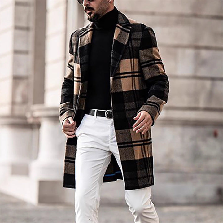 Men's Long Checkered Wool Blend Coat with Notch Collar and Slim Silhouette Mune Fashion