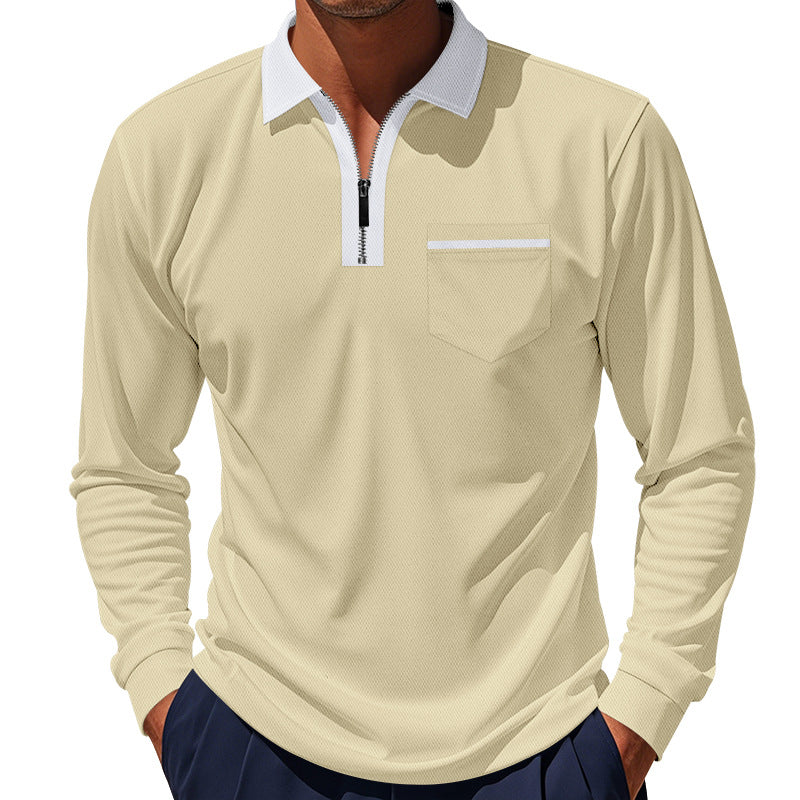 Men's elegant long-sleeve polo shirt with hidden half-zip, structured piqué look, and subtle chest pocket Mune Fashion