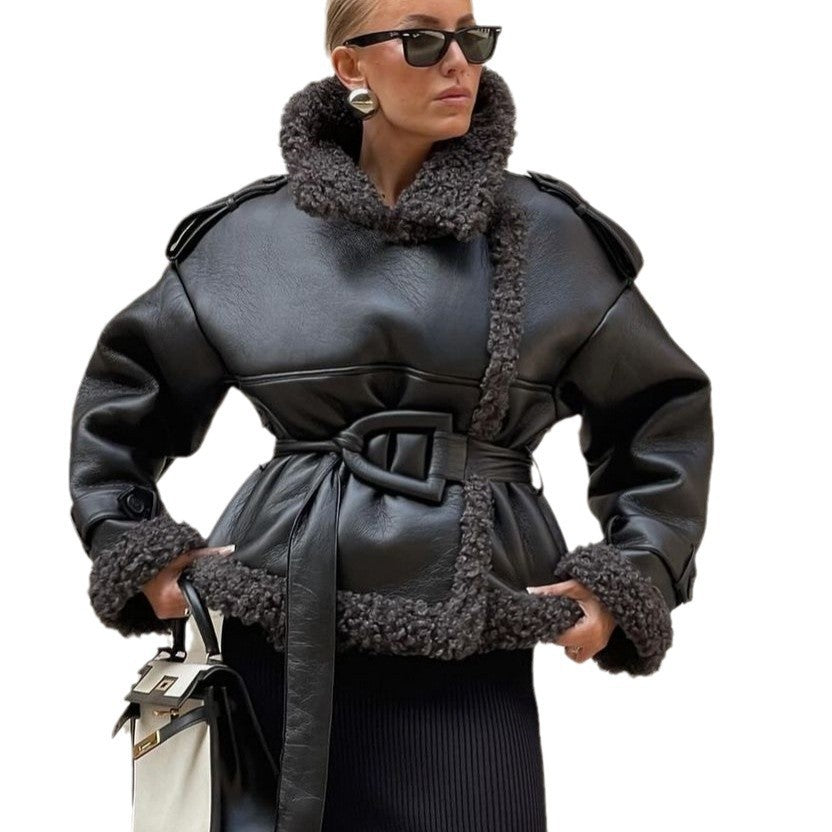 Women Short Flight Jacket Made of Faux Leather with Teddy Fur Collar and Waist Belt Mune Fashion