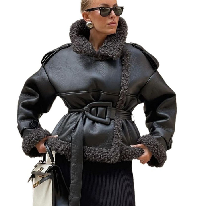 Women Short Flight Jacket Made of Faux Leather with Teddy Fur Collar and Waist Belt Mune Fashion