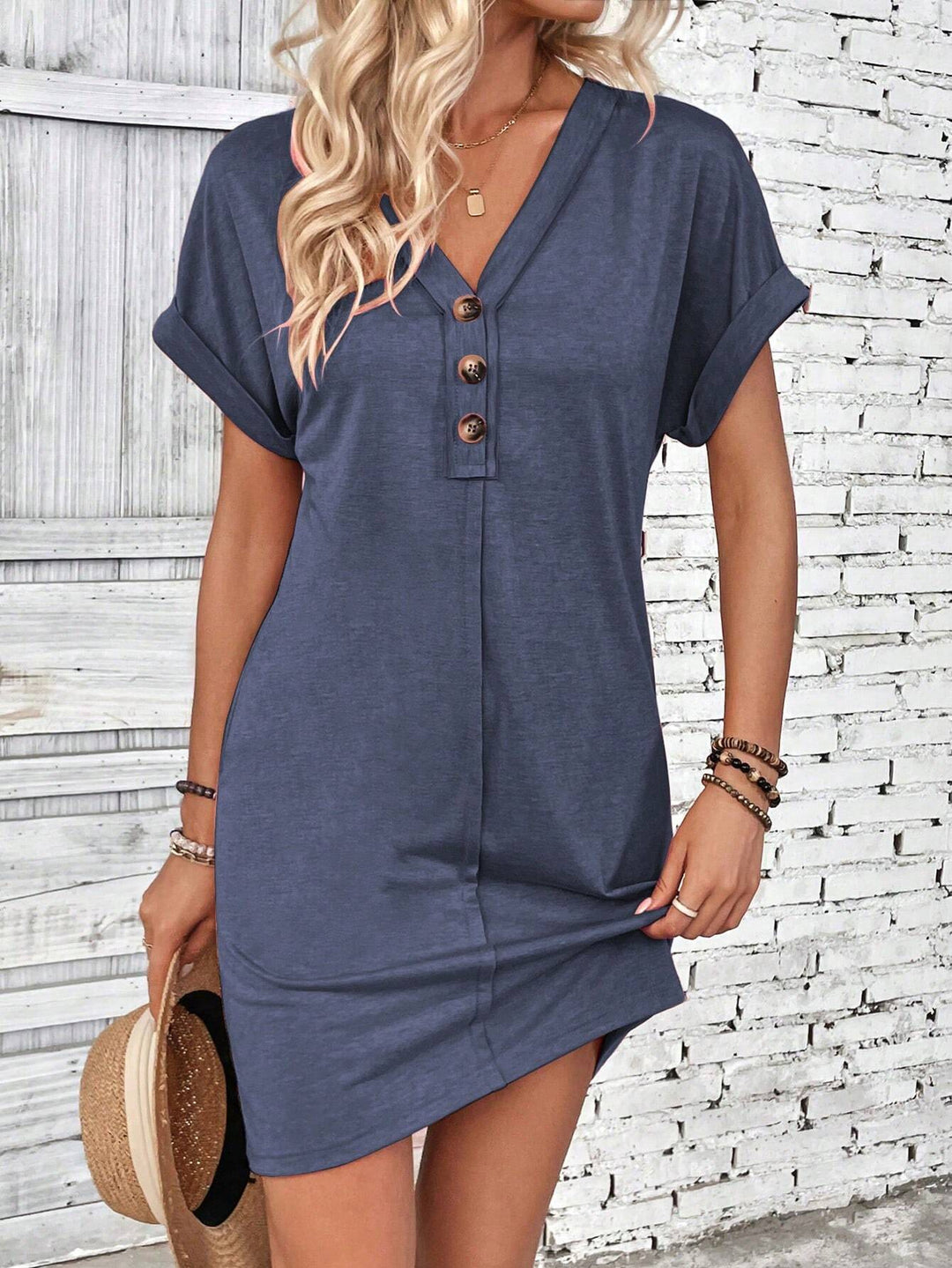 Ladies Loose V-Neck Casual Dress with Decorative Button Placket Mune Fashion