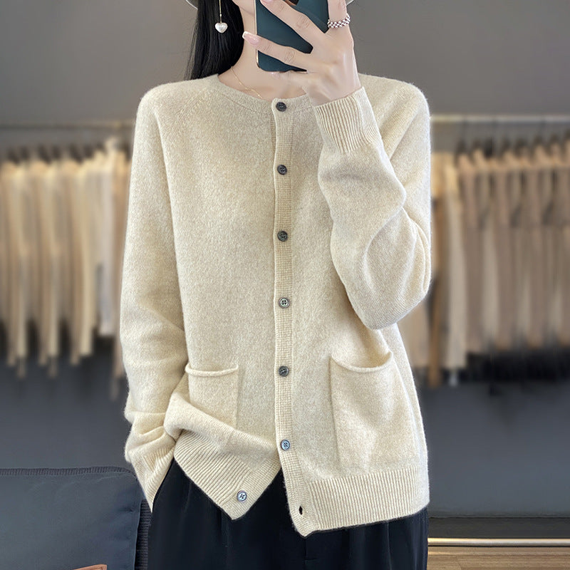 Women's Long Fine Knit Cardigan with Round Neck, In-seam Pockets and Alpaca Mix Mune Fashion