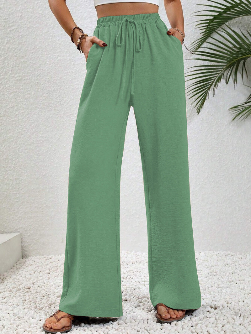 Women Wide Palazzo Pants with High Elastic Waistband, Drawstring and Side Pockets Mune Fashion
