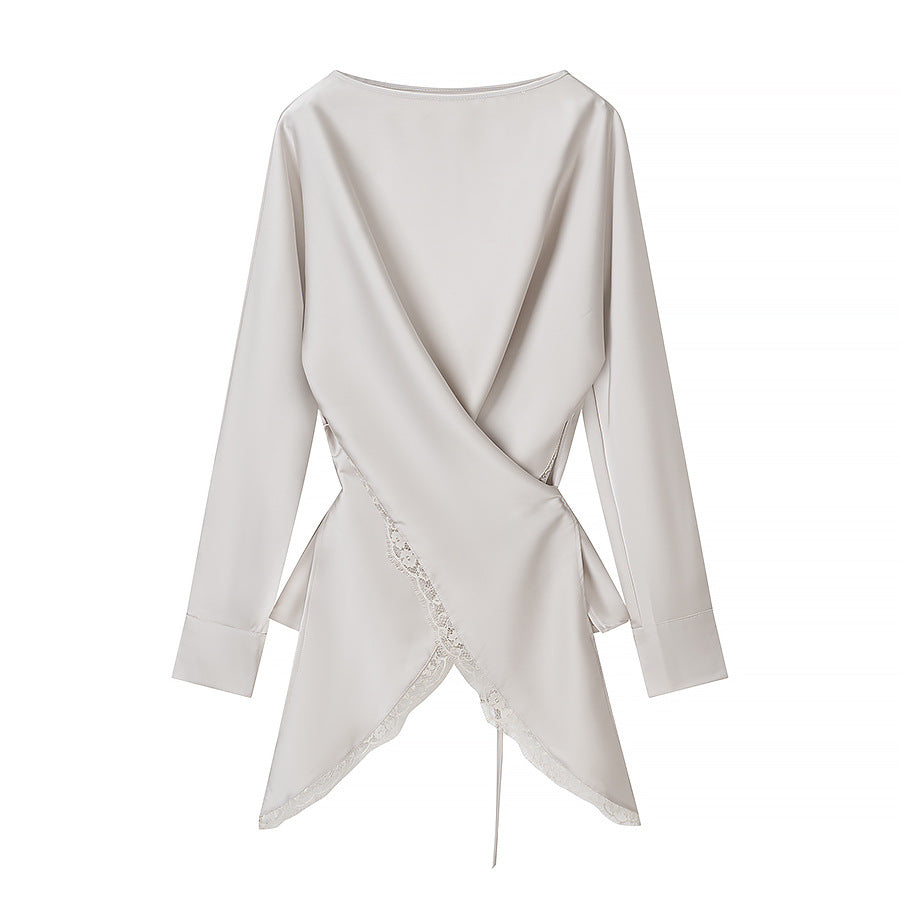Women Two-Piece Silky Shimmering Wrap Blouse and Midi Skirt Set with Lace Edge Mune Fashion