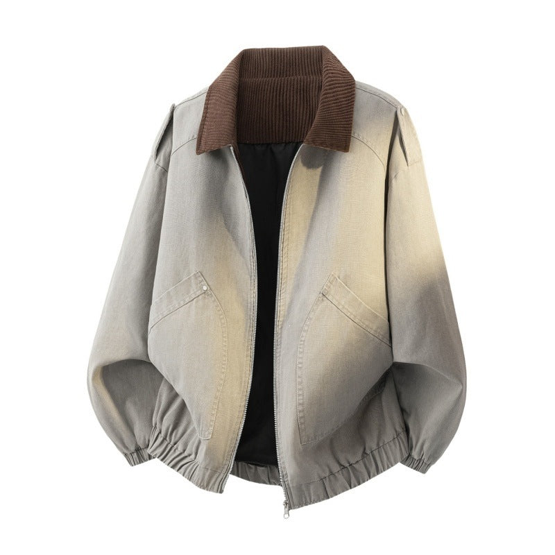 Men's Oversized Jeans Bomber Jacket with ribbed stand-up collar, patch pockets and elastic hem Mune Fashion